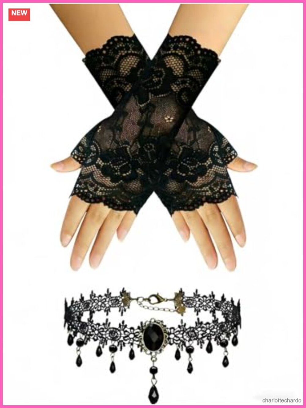 Lace Fingerless Gloves & Velvet Choker Set Goth Costume Accessories